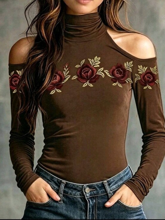Tops - Stretchy Cold-Shoulder Floral Long-Sleeve Turtleneck Top - Brown Size L